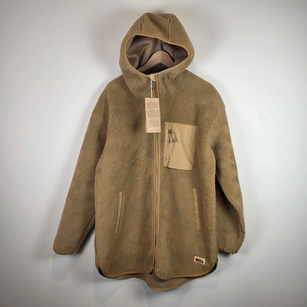 Fjallraven Vardag Pile Fleece Long Womens Size L Buckwheat Brown Jacket Hood